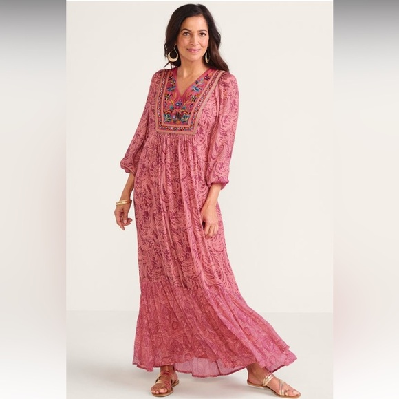 Soft Surroundings Ginger Maxi Dress Embroidered Beaded Tiered Balloon Sleeve NWT - Picture 1 of 16